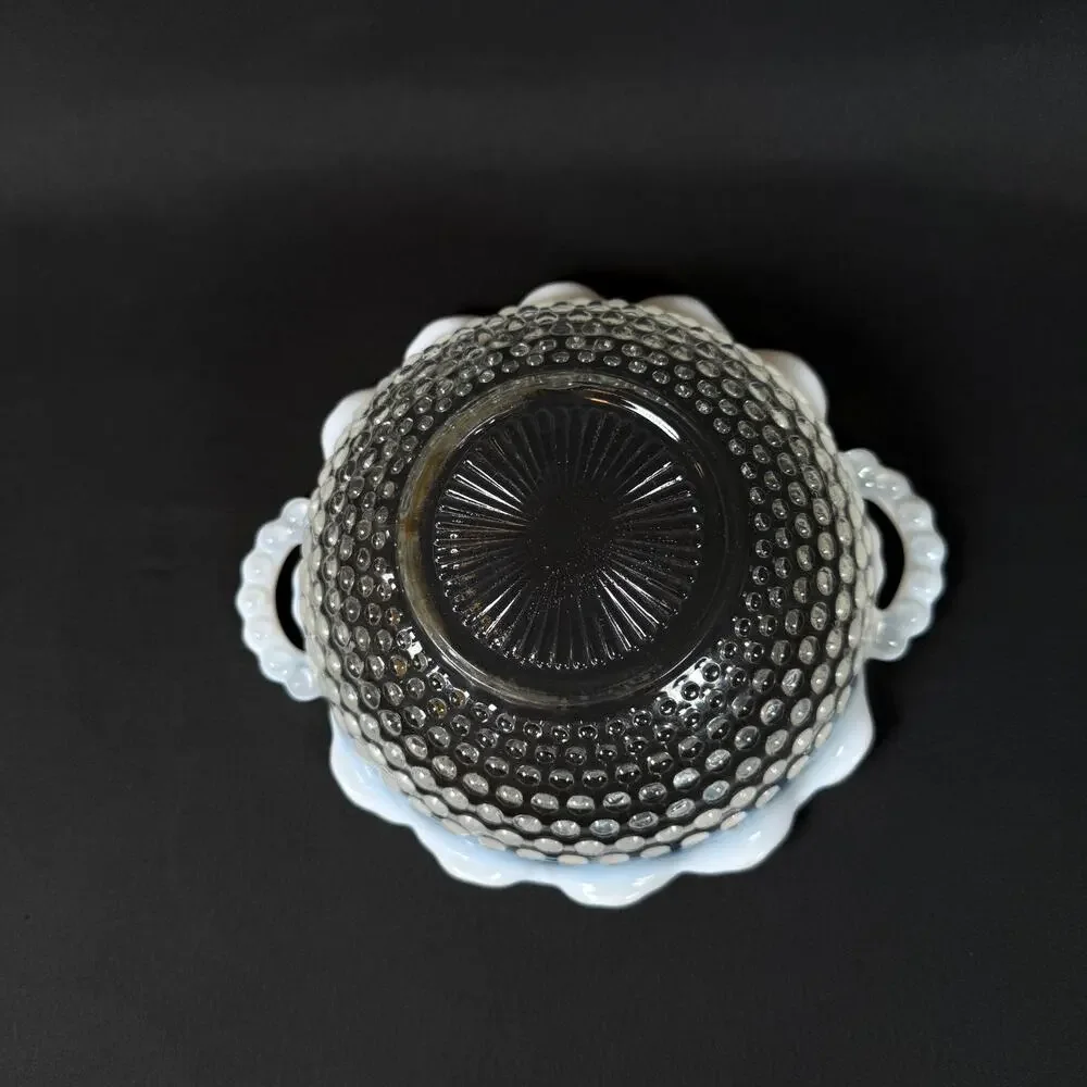 Vintage Anchor Hocking Hobnail Moonstone Opalescent Ruffled Glass Bowl w Handles
